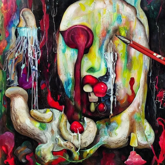 Image similar to “ surrealism, a portrait in a female art student ’ s apartment, mushrooms, sensual, art supplies, a candle dripping white wax, berry juice drips, acrylic and spray paint and oilstick on canvas, neoexpressionism ”