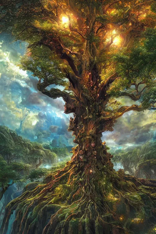 Prompt: tree of life, four seasons, volymetric light, highly detailed matte painting by noriyoshi ohrai, charlie bowater and mark brooks