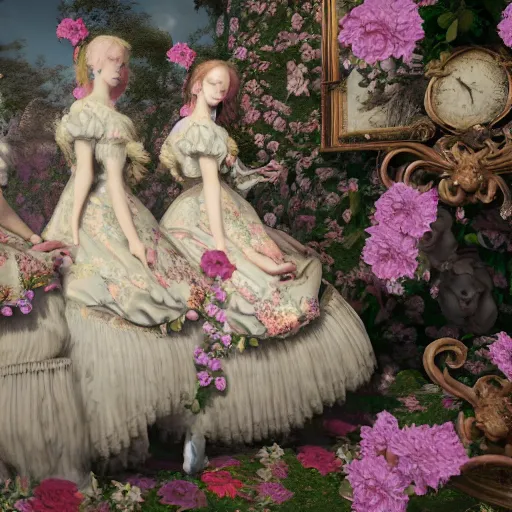 Prompt: 8k, octane render, realism, rococo, baroque, tonalism, renaissance, group of creepy young ladies wearing long harajuku manga dress with flowers and skulls, background chaotic flowers