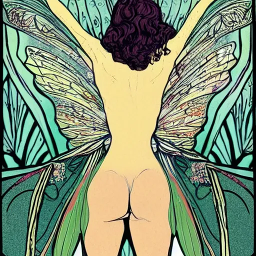 Image similar to a fairy seen from behind, with beautiful wings, in the woods, art nouveau style