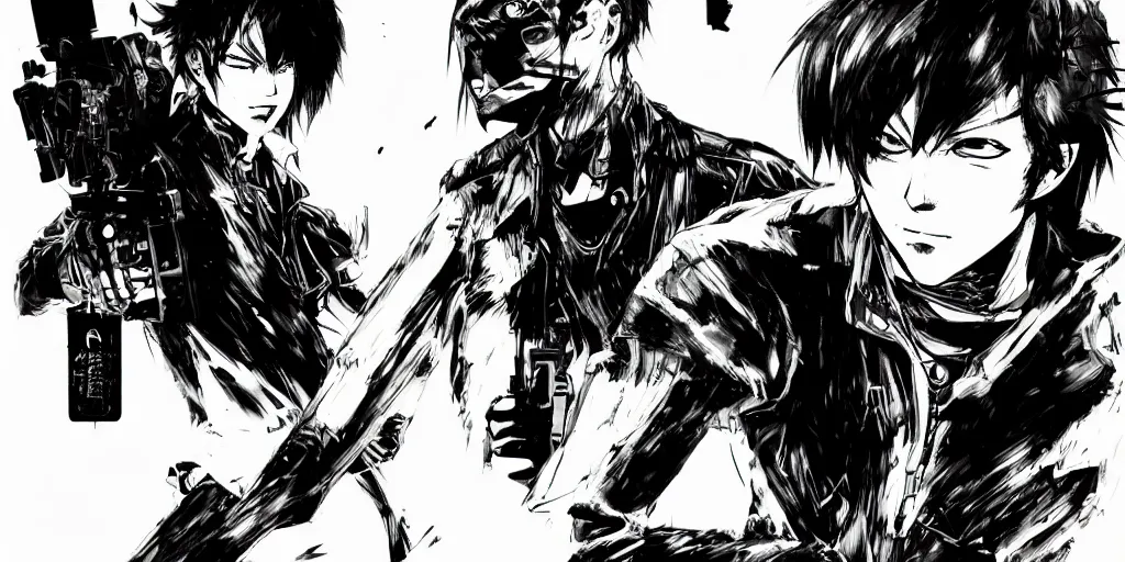 Image similar to a full - body portrait of denji from chainsaw man, in yoji shinkawa's art style, metal gear solid art style, manga, highly detailed, 4 k, artistic, white background, b & w