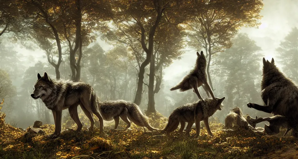 Prompt: wolves and their treasures. fantasy style, ultra realistic, octane render, unreal engine, raytracing, 8 k highly detailed, trending on artstation, illustration, digital painting, highly detailed render by by david caspar friedrich and george stubbs