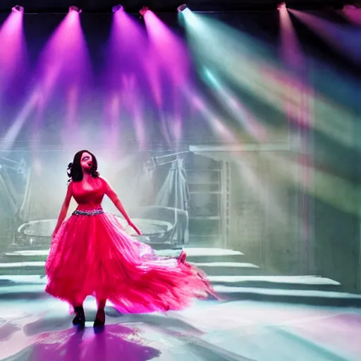 Prompt: beautiful actress singing on a stage of a broadway musical, colorful dress, tall decorations, grey setting, extremely detailed, professional photography, theatrical lighting, volumetric lighting, hyperrealism