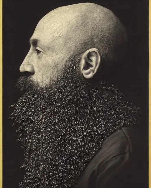 Image similar to a man's face in profile, long beard, made of fruit and flowers, in the style of the Dutch masters and Chuck Close, dark and moody