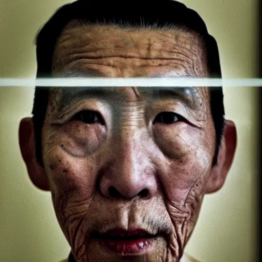 Image similar to a portrait of octogenarian prisoner justin sun with face tattoo of qrcode in prison looking through the laser of his cell, by annie leibovitz, shallow depth of field, cinematic lighting