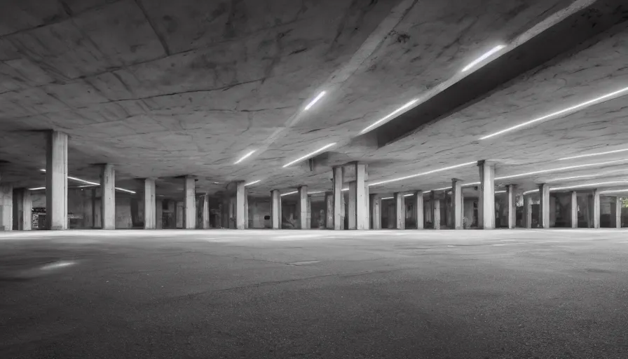Image similar to brutalism, underground city carpark, lighting with lensflares, photorealistic 8 k