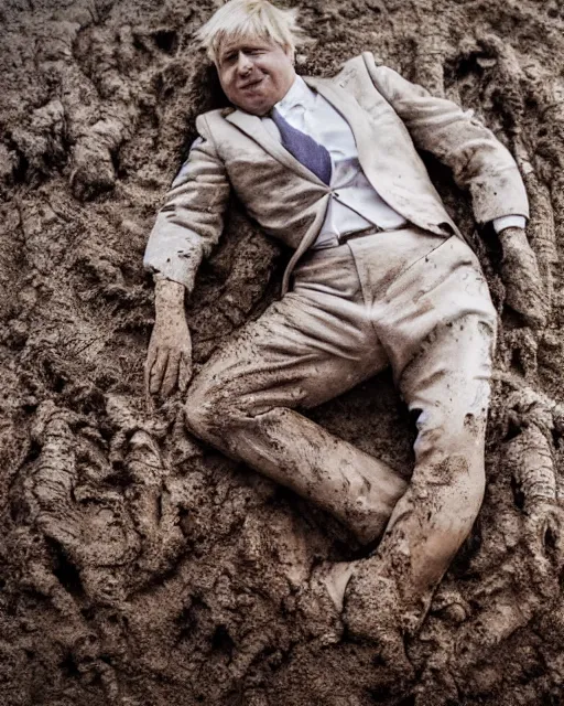 Image similar to an oil painting of uk politician former prime ministe boris johnson lying down in a pile of mud on a farm, covered in dirt, 4 k detail