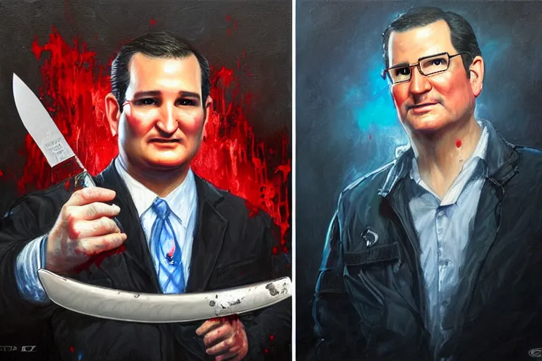 Image similar to portrait of ted cruz with a knife as the zodiac killer bloodied, an oil painting by ross tran and thomas kincade