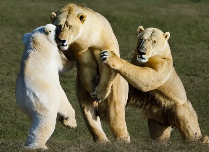 Image similar to a lion fighting a polar bear