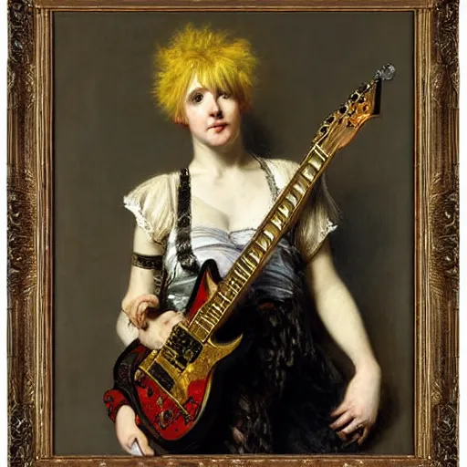 Image similar to Blonde punk girl playing electric guitar, oil painting by Lawrence Alma-Tadema, masterpiece