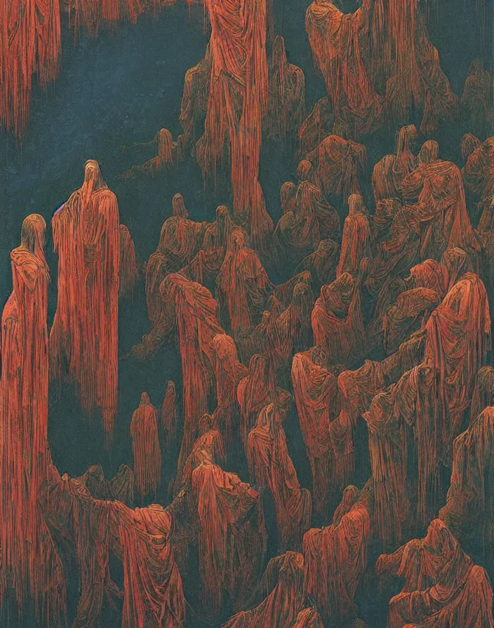 Image similar to worshippers in robes ascending a spiral staircase, high detailed beksinski painting, part by adrian ghenie and gerhard richter. art by takato yamamoto. masterpiece, deep colours, blue