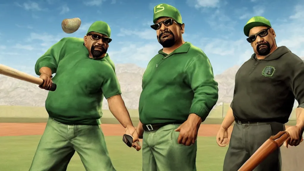 Prompt: Still of a PS2 videogame-looking Big Smoke with green clothing wielding a baseball bat in Better Call Saul