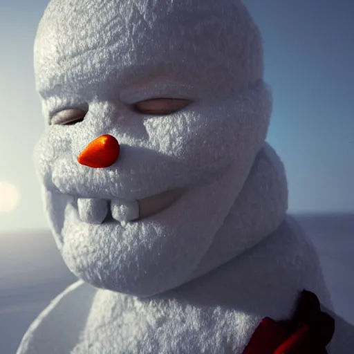 Image similar to a highly detailed humanoid snowman in business suit, artstation, DeviantArt, professional, octane render, sunset lighting