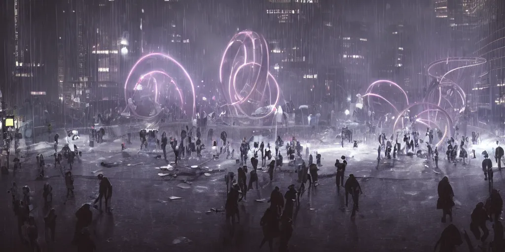 Prompt: policemen protecting a huge spiral - shaped bright white luminous attractor right in the center of the city from protesting people,, rain and light fog, professional lighting, concept art in 3 d, high detail, professional lighting, unreal engine