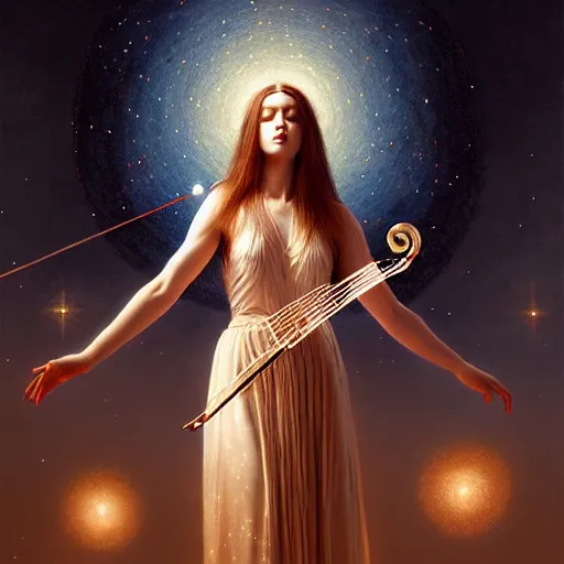 Prompt: a high quality life like portrait of a very very beautiful! celestial goddess of life playing a mysterious violin and springing life into the universe, highly detailed, intricate, sharp focus, fantasy, cinematic lighting, dreamlike, exotic, mystery, realistic, trending on artstation, fantasy, by WLOP and greg rutkowski