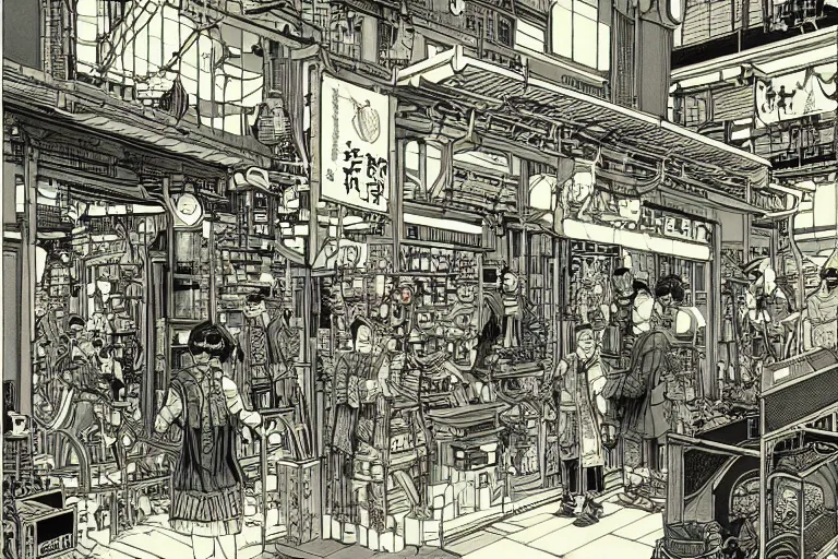 Image similar to cyberpunk japanese merchants in their shop, Industrial Scifi, detailed illustration, character design, intricate, by Martin Grip and Moebius