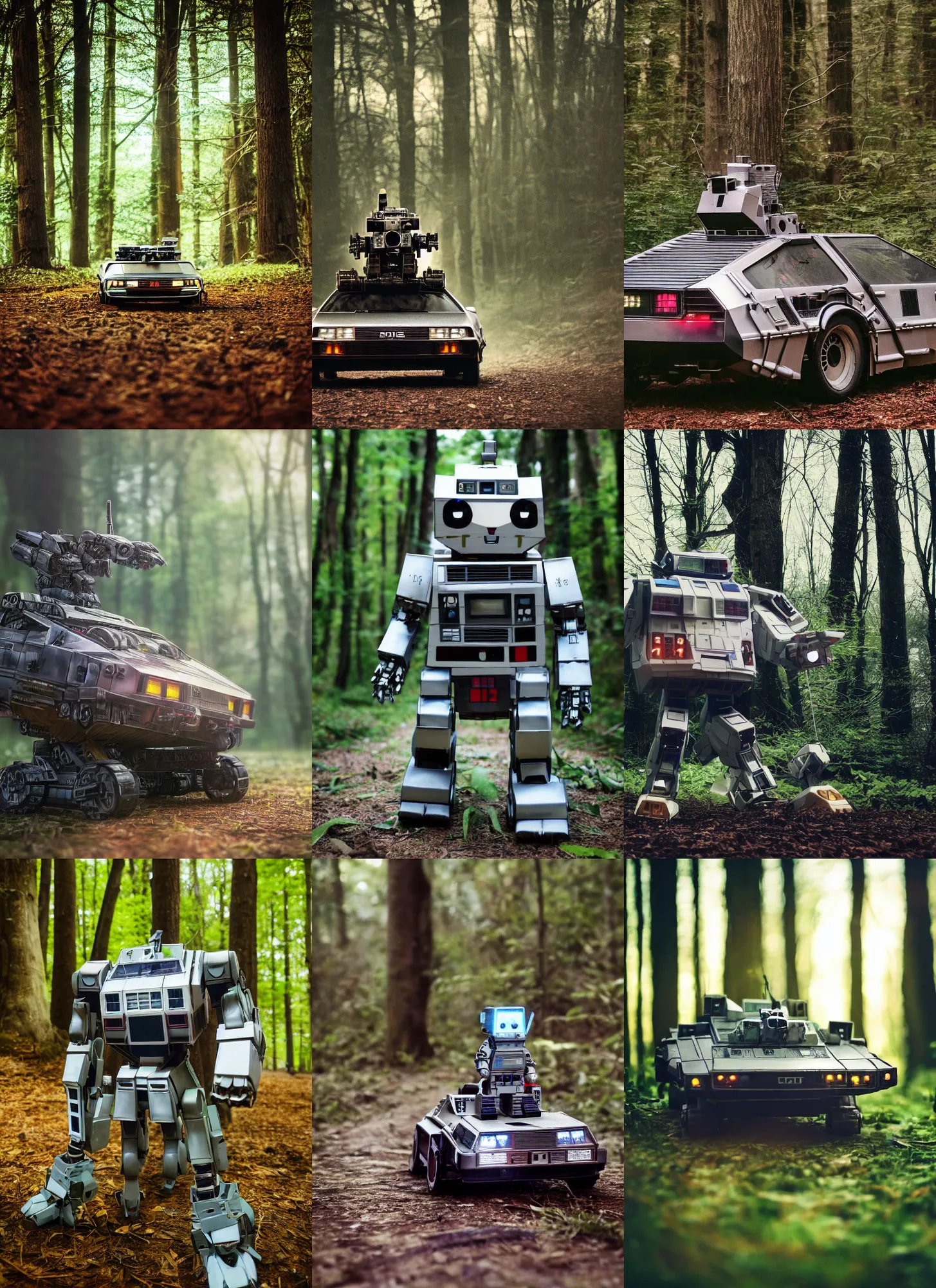 Prompt: a 3 5 mm photo from the front of a giant mecha armored war gundam delorean robot chubby cute rabbit as delorean walking in the woods, splash art, movie still, bokeh, canon 5 0 mm, cinematic lighting, dramatic, film, photography, depth of field, award - winning, backlighting, overcast, 8 k, hyper detailed, 3 5 mm film grain