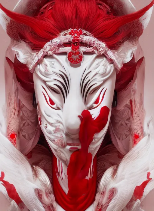 Image similar to albino maiko with a kitsune mask, fluent composition, red and white neon, concept art, ambient light, 4 k, intricate details, highly professionally detailed, cgsociety, highly detailed -