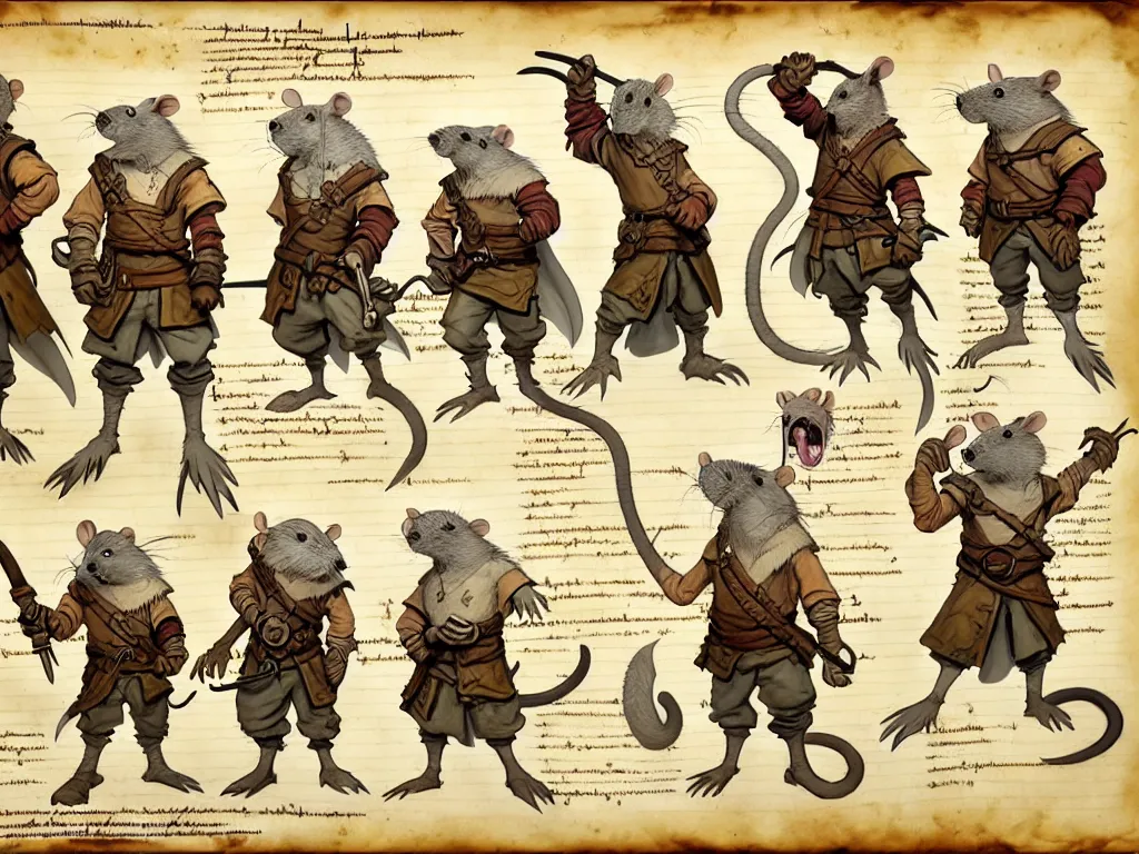 Image similar to character design sheet for a group of heroic rat pirates on a parchment background, redwall, greg rutowski and jean baptiste monge, very very detailed, epic fantasy concept art