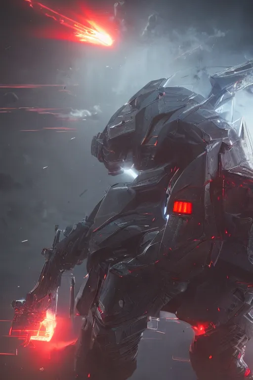 Image similar to hyper detailed cinematic rendering with volumetric lightning and ray tracing, azure crimson skinny full body armored core, weathering armor plating, endoekeleton exposure, 8 k, octane render, unreal engine, ray tracing