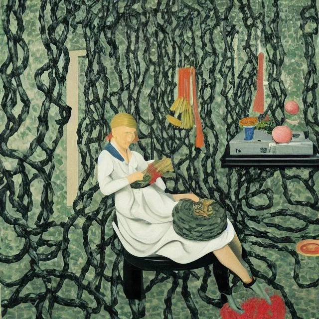 Prompt: a pathology student in her apartment, wrapped in vines, large stones, pig, black walls, ikebana, black armchair, puddles, moss, acrylic on canvas, surrealist, by magritte and monet