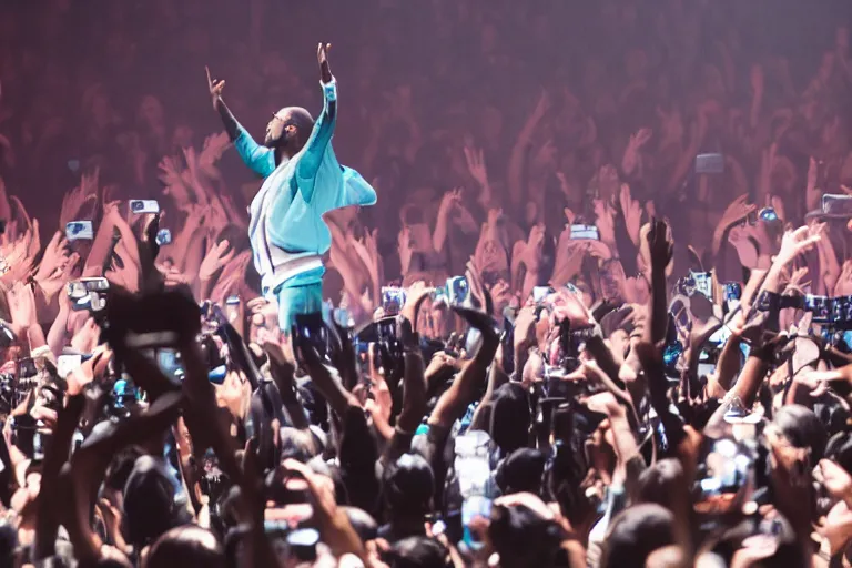 Image similar to kanye west on stage with hatsune miku, 85mm concert photography