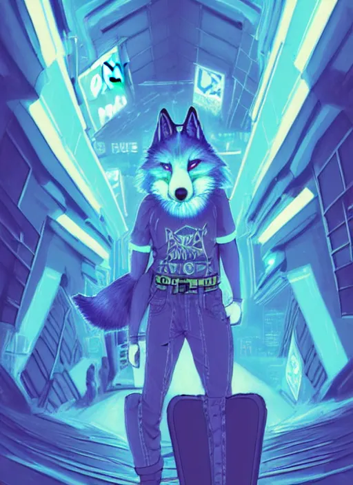 Image similar to beautiful portrait commission of a male furry anthro blue husky fox fursona wearing cyberpunk skater clothes. Cyberpunk city at night in the rain. Neon light. Atmospheric. Character design by charlie bowater, ross tran, artgerm, and makoto shinkai, detailed, inked, western comic book art