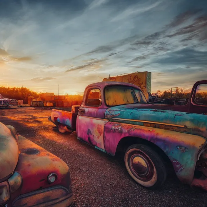 Image similar to a sunset light landscape with historical route 6 6, lots of sparkling details and sun ray ’ s, blinding backlight, smoke, volumetric lighting, colorful, octane, 3 5 mm, abandoned gas station, old rusty pickup - truck, beautiful epic colored reflections, very colorful heavenly, softlight