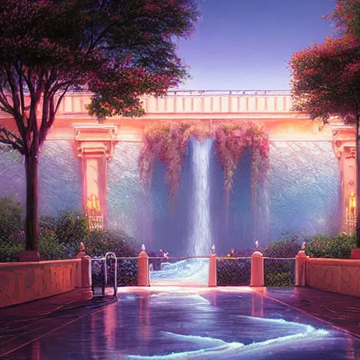 Prompt: walkway waterfall skies rich hyper realism 8 k octane render sacred by evgeny lushpin, moebius, john stephens, rhads, arthur adams