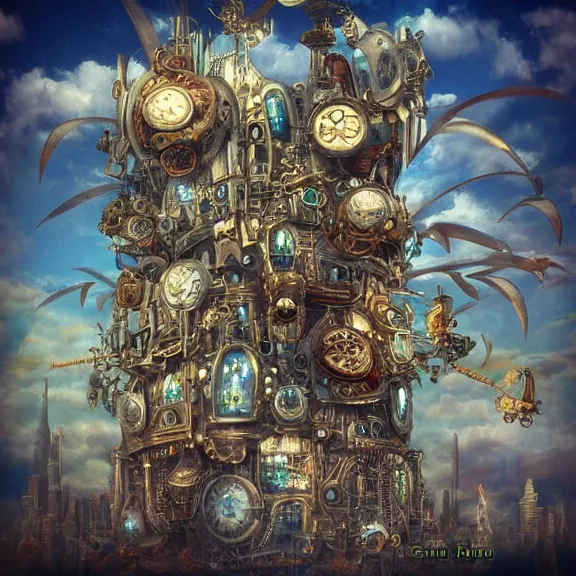 Image similar to flying city in a mechanical flower, sky!, fantasy art, steampunk, masterpiece, behrens style