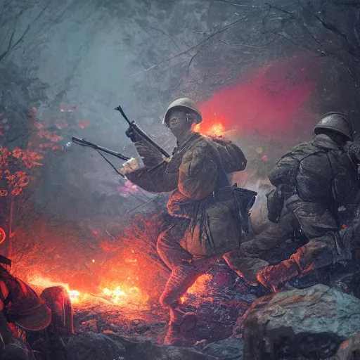 Image similar to putin fires a firearm in the trenches in the war, colorful, contrast, 3 d scene, greg rutkowski, zabrocki, karlkka, jayson devadas, trending on artstation, 8 k, ultra wide angle, zenith view, pincushion lens effect