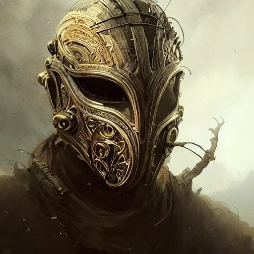 Image similar to Very very very very highly detailed epic photo of face with venetian mask, intricate, dystopian, sci-fi, extremely detailed, digital painting, artstation, concept art, smooth, sharp focus, illustration, intimidating lighting, incredible art by Greg Rutkowski and Jakub Rozalski and Artgerm and Anton Pieck