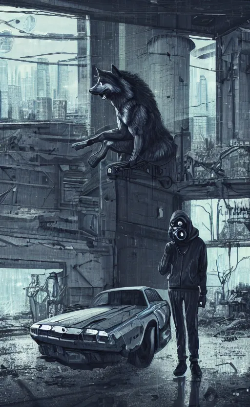 Image similar to wolf gang, cyberpunk, gray hoodie, photo group, old car, abandoned warehouse, weapon, drugs, flex, relative position, gasmask, non fiction stability, intricate, elegant, 8 k, uhd, justify, artstation, concept art, matte, sharp focus, illustration, consistent, one object content, proportional object content