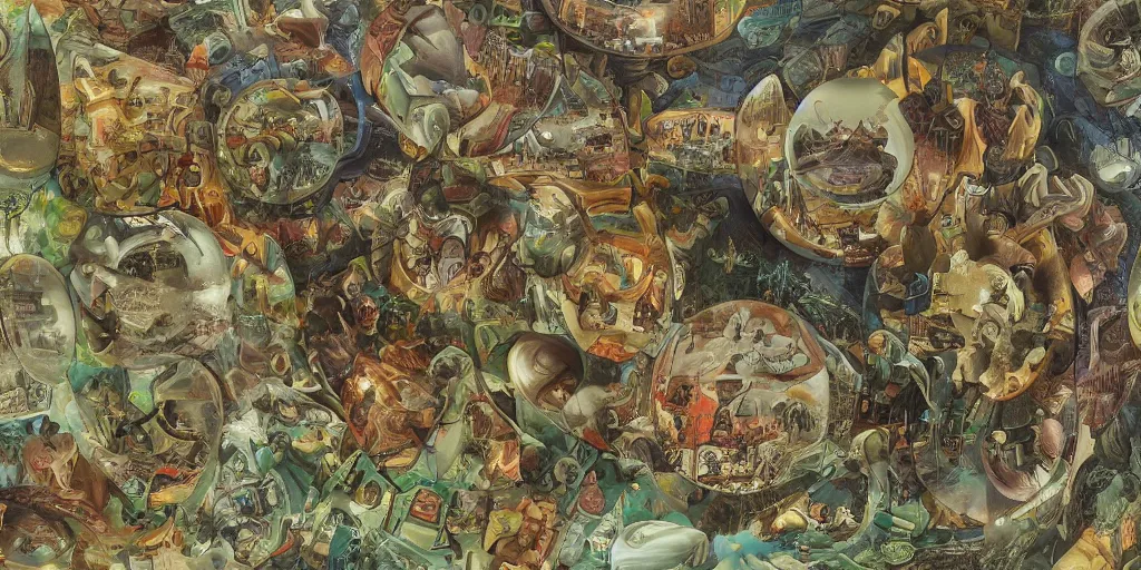 Prompt: multilayer 4 k photorealistic full color gradient pattern of escher style 3 6 0 panorama with hieronymus bosch style bubbles, unfinished, very detailed