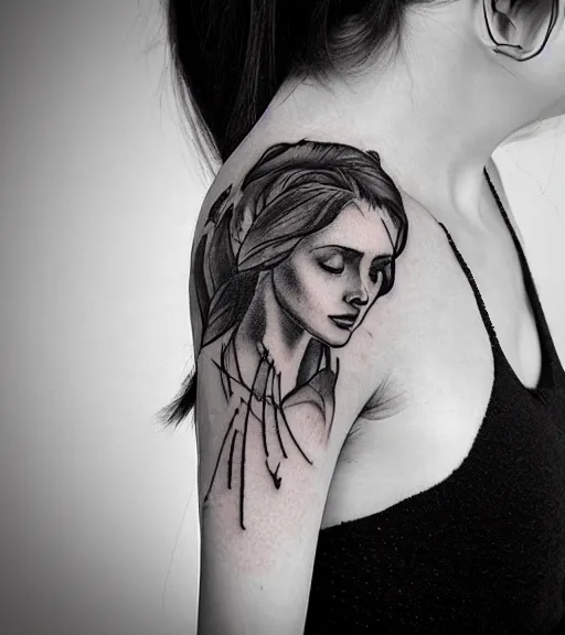 Image similar to tattoo design sketch of an extremely beautiful woman face next to a faded background of beautiful mountains on her side, hyper - realistic, double exposure effect, in the style of den yakovlev, amazing detail, black and white, faded