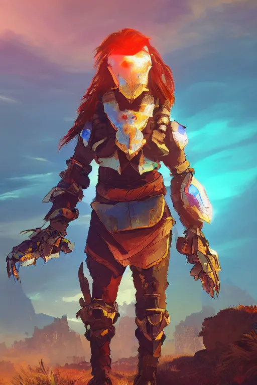 Image similar to combination suit armor aloy horizon forbidden west horizon zero dawn radiating a glowing aura global illumination ray tracing hdr fanart arstation by ian pesty and alena aenami artworks in 4 k tribal robot ninja mask helmet backpack