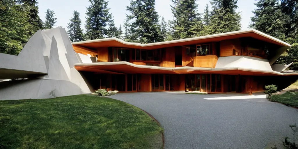 Image similar to large futuristic residence, pacific northwest, cedar and white concrete, many large windows, triangular elements designed by frank lloyd wright