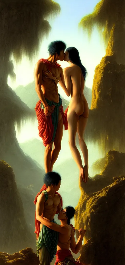 Image similar to young asian fit male and female, wearing clothes, kissing each other, by kyu yong eom thomas cole and wayne barlowe, 8 k, high detail, fantasy art, dnd, artstation,