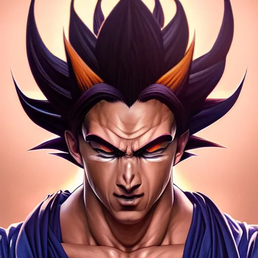 Image similar to symmetry!! intense portrait of sangoku ssj, intricate, elegant, highly detailed, my rendition, digital painting, artstation, concept art, smooth, sharp focus, illustration, art by artgerm and greg rutkowski and alphonse mucha