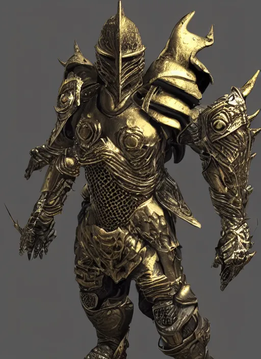 Prompt: a photorealistic 3D render of a full body dark side knight (as an archetypal DnD isekai Demon Lord) wearing armor made of gold and silver, inspired by Dark Souls and Doom Eternal and Fallout, unreal engine, octane render, cinematic lighting, a sense of evil, detailed hard surface boss character concept art, character design, hyper realism, high detail, depth of field, stunning cgsociety, HD, HDR, 4k