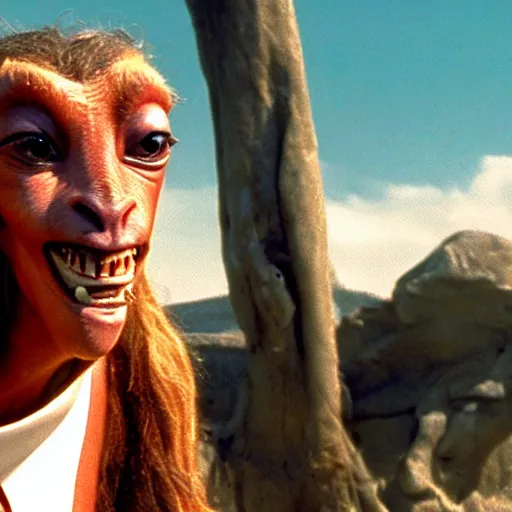 Prompt: film still of jar jar binks as a female cowgirl, long eyeslashes, big juicy lips, big seductive eyes