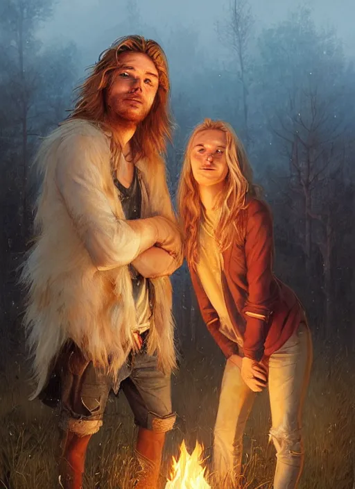 Prompt: highly detailed portrait of long - haired blonde hillbilly around a bonfire with his fluffy australian shepherd, stephen bliss, art by greg rutkowski, loish, rhads, ferdinand knab, makoto shinkai and lois van baarle, artgerm, pixar, ilya kuvshinov, rossdraws, tom bagshaw, global illumination