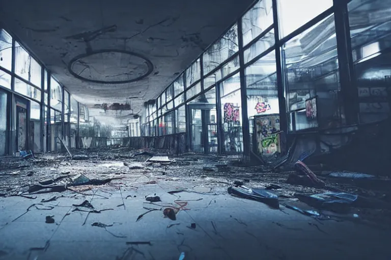 Prompt: low angle photo of a abandoned cyberpunk shopping mall, a crew of high tech soldiers are running out, dead human bodies on the floor, cinematic lightning, ray tracing, unreal engine, photorealistic, detailed, dark, moody, foggy, scary