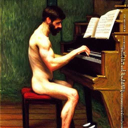 Image similar to attractive man playing piano, painting by tom of finland, john william waterhouse, claude monet