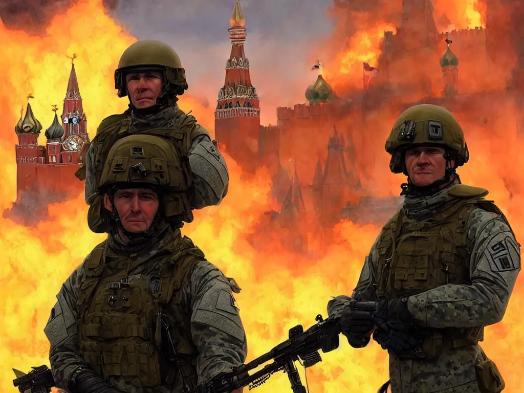 Image similar to special forces nato soldier with yellow shoulder patch takes selfie at red square kremlin burning in the background, d & d, fantasy, bright atmosphere, volumetric lights, intricate, elegant, extremely detailed, digital painting, artstation, concept art, matte, smooth, sharp focus, hyper realistic, illustration, art by artgerm and greg rutkowski and alphonse mucha