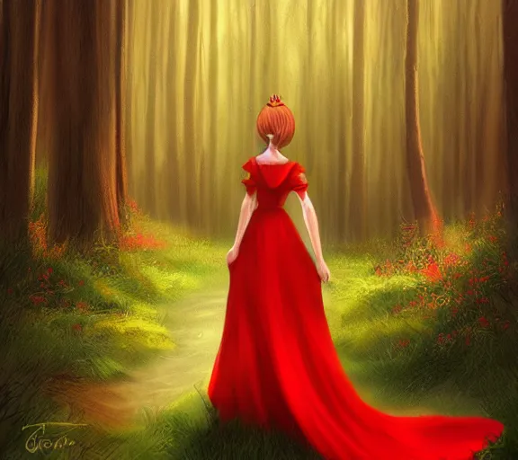 Prompt: a princess looking at a glowing crown, she is wearing a red dress and walking in a forest, digital painting, hd, anime art, smooth, Rutkowski Greg, Tran Ross