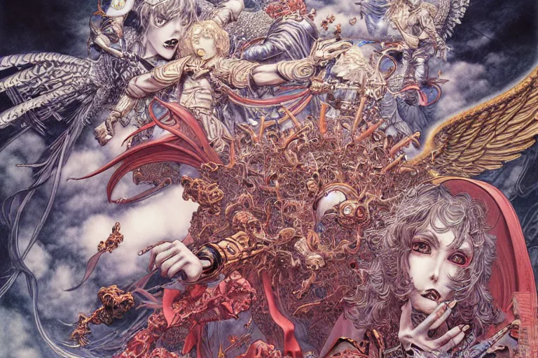 Prompt: hyper detailed illustration of angels battling demons, intricate linework, in the stlye of moebius, ayami kojima, 90's anime, retro fantasy