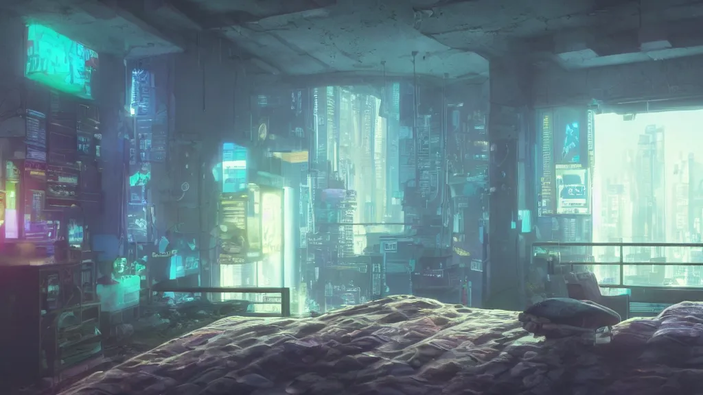 Image similar to Sponge Bob in the apartment room in a cyberpunk city, soft god rays from city lights outside the window, unreal engine 5, soft neon atmosphere, photorealistic, soothing colors, somber melancholic matte painting, hyperrealism, hyperrealistic, cinematic masterpiece, cyberpunk style 8k ultrahd octane render