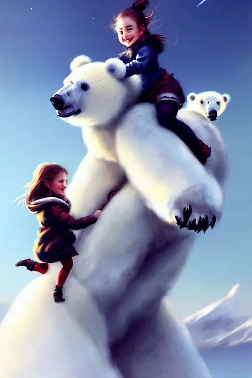 Image similar to tiny girl riding on the back of a giant fluffy polar bear by greg rutkowski