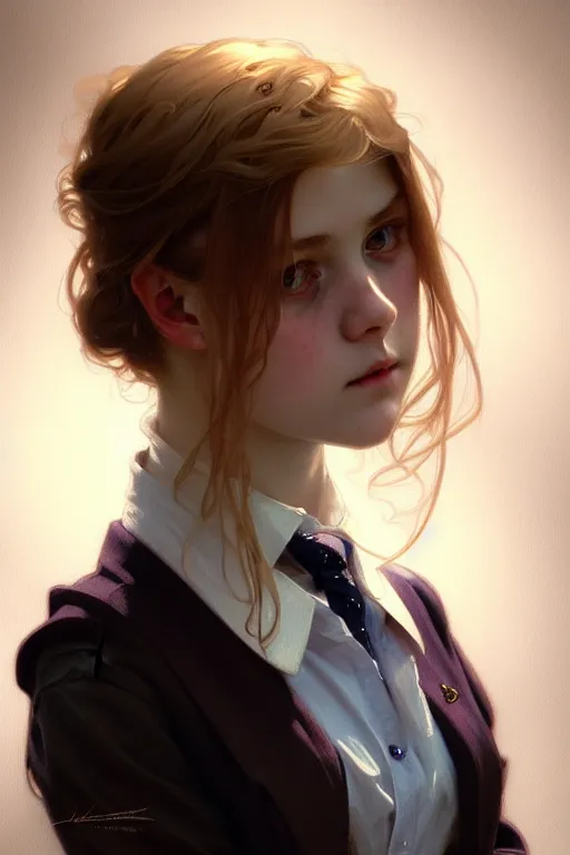 Image similar to portrait of a scottish teenage girl with dark blonde hair, glowing skin, intelligent face, school uniform, intricate, elegant, dress shirt, highly detailed, digital painting, artstation, concept art, smooth, sharp focus, illustration, art by Krenz Cushart and Artem Demura and alphonse mucha